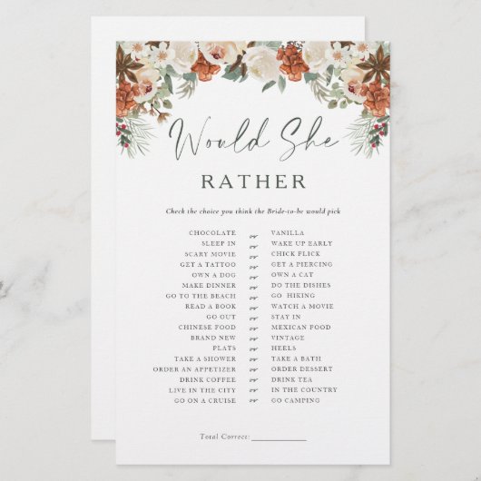 Rustic Winter Bridal Shower Game Would She Rather (Vorne/Hinten)