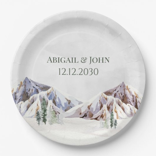 Rustic Winter Forest Mountain Wedding Pappteller (Vorderseite)