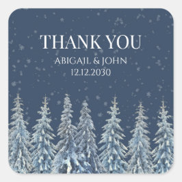 Rustic Winter Forest Thank You Wedding Favor Tag Quadratischer Aufkleber