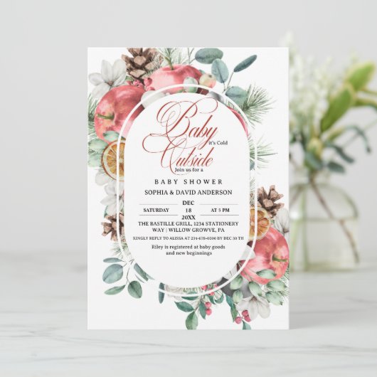 Rustic Winter Greenery Cold Outside Baby Shower  Einladung (Stehend Vorderseite)