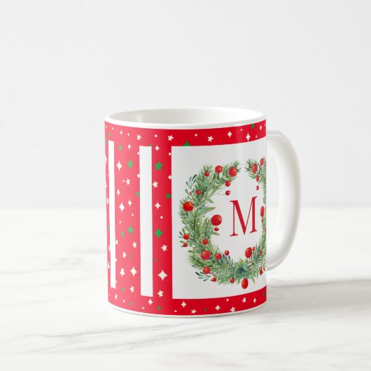 Rustic Winter Greenery Monogram Berry Wreath Kaffeetasse (VorderseiteRechts)