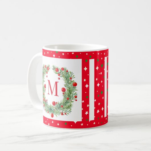 Rustic Winter Greenery Monogram Berry Wreath Kaffeetasse (Vorderseite Links)