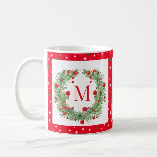 Rustic Winter Greenery Monogram Berry Wreath Kaffeetasse (Links)