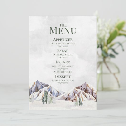 Rustic Winter Mountain Forest Wedding Menu Menükarte (Stehend Vorderseite)