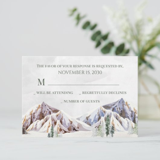 Rustic Winter Mountain Forest Wedding RSVP (Stehend Vorderseite)