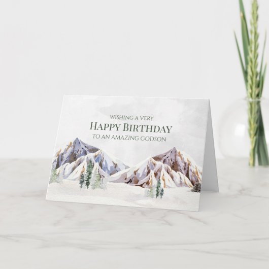 Rustic Winter Mountain Happy Birthday Godson Card Dankeskarte (Vorderseite)
