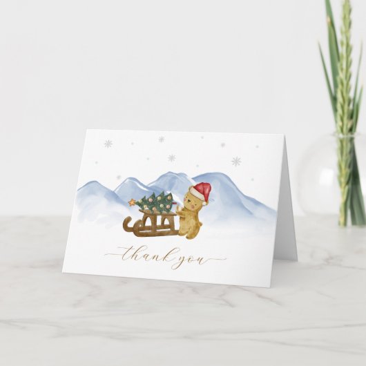 Rustic Winter Mountain Sleigh Bear Baby Shower Dankeskarte (Vorderseite)