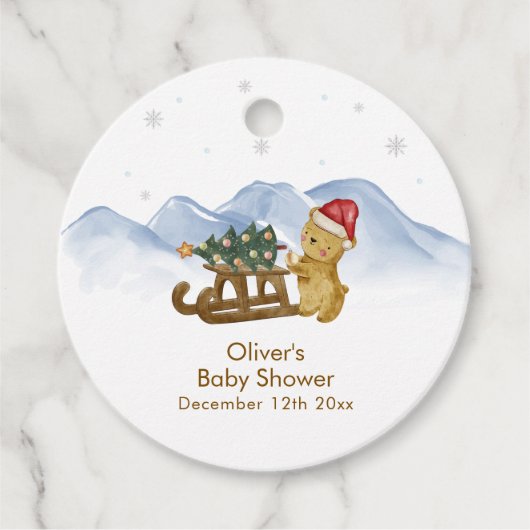 Rustic Winter Mountain Sleigh Bear Baby Shower Geschenkanhänger (Vorderseite)