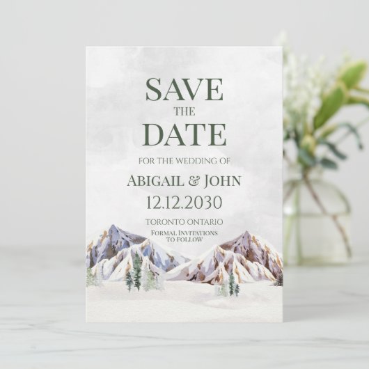 Rustic Winter Mountain Wedding Save the Date Card (Stehend Vorderseite)