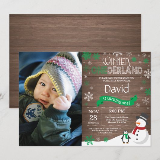 Rustic Winter Onederland 1. Geburtstag Einladung (Vorne/Hinten)