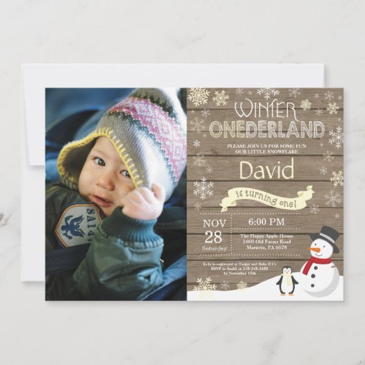 Rustic Winter Onederland 1. Geburtstag Einladung (Vorderseite)