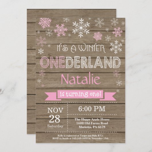 Rustic Winter Onederland 1. Geburtstag Einladung (Vorne/Hinten)