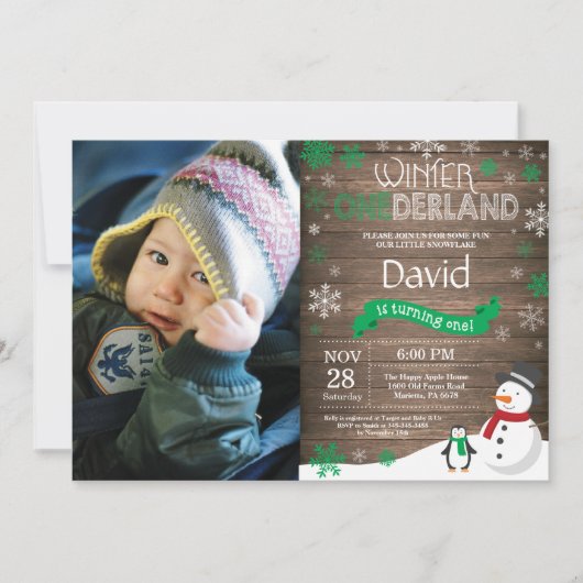 Rustic Winter Onederland 1. Geburtstag Einladung (Vorderseite)