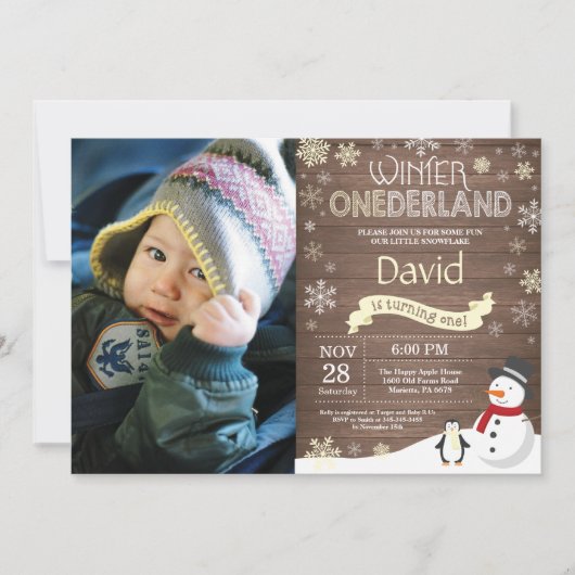 Rustic Winter Onederland 1. Geburtstag Einladung (Vorderseite)