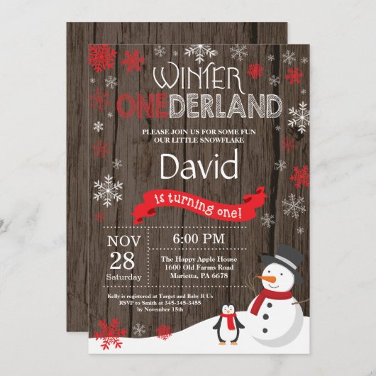 Rustic Winter Onederland 1. Geburtstag Einladung (Vorne/Hinten)