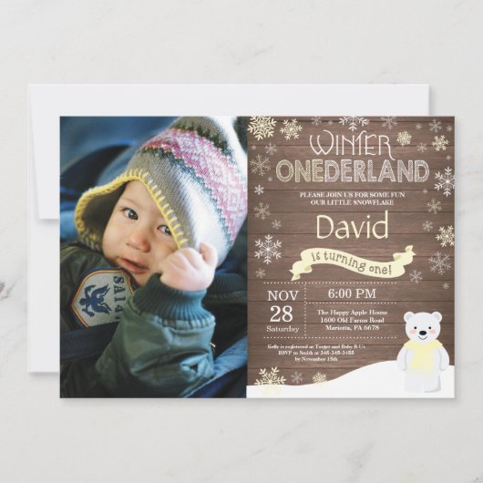 Rustic Winter Onederland 1. Geburtstag Einladung (Vorderseite)