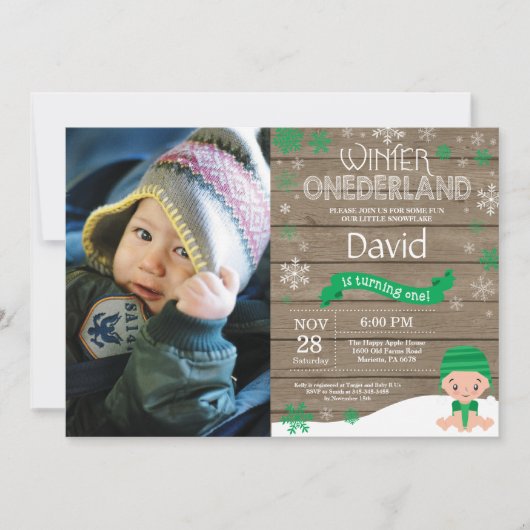 Rustic Winter Onederland 1. Geburtstag Einladung (Vorderseite)