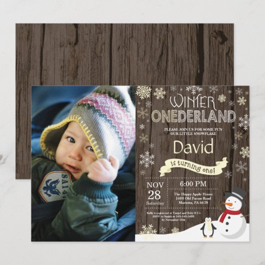 Rustic Winter Onederland 1. Geburtstag Einladung (Vorne/Hinten)