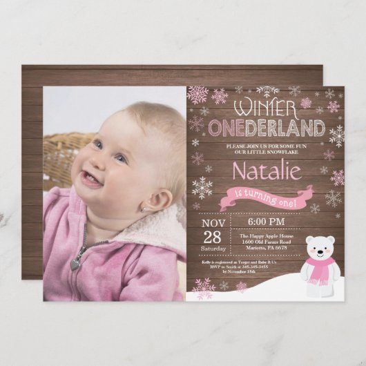 Rustic Winter Onederland 1. Geburtstag Einladung (Vorne/Hinten)