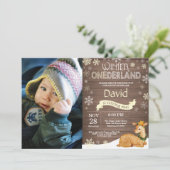 Rustic Winter Onederland Deer 1. Geburtstag Einladung (Stehend Vorderseite)