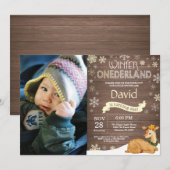 Rustic Winter Onederland Deer 1. Geburtstag Einladung (Vorne/Hinten)