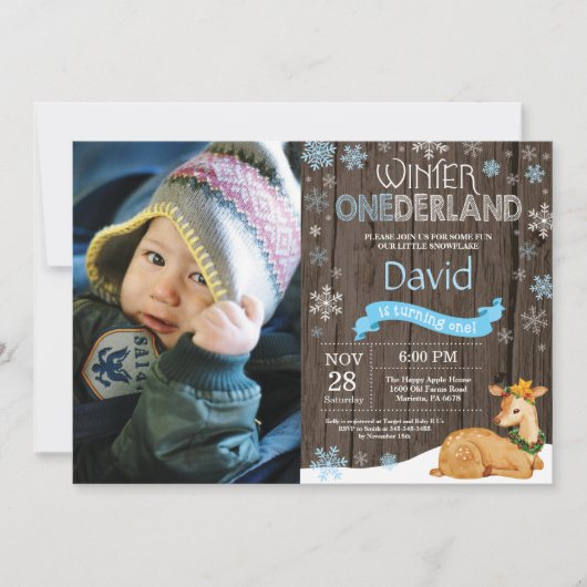Rustic Winter Onederland Deer 1. Geburtstag Einladung (Vorderseite)