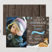 Rustic Winter Onederland Deer 1. Geburtstag Einladung (Vorne/Hinten)