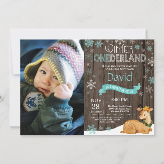 Rustic Winter Onederland Deer 1. Geburtstag Einladung (Vorderseite)