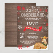 Rustic Winter Onederland Deer 1. Geburtstag Einladung (Vorne/Hinten)