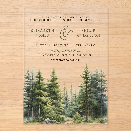 Rustic Winter Pine Trees Forest Wedding Acryleinladungen (Vorderseite)