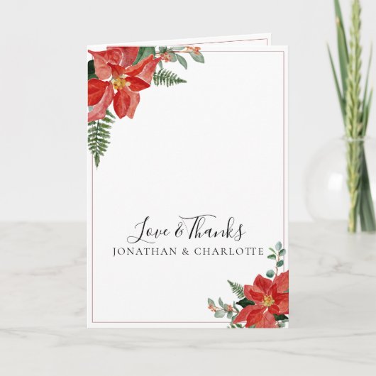 Rustic Winter Poinsettia Red Christmas Wedding Dankeskarte (Vorderseite)