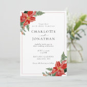 Rustic Winter Poinsettia Red Christmas Wedding Einladung (Stehend Vorderseite)