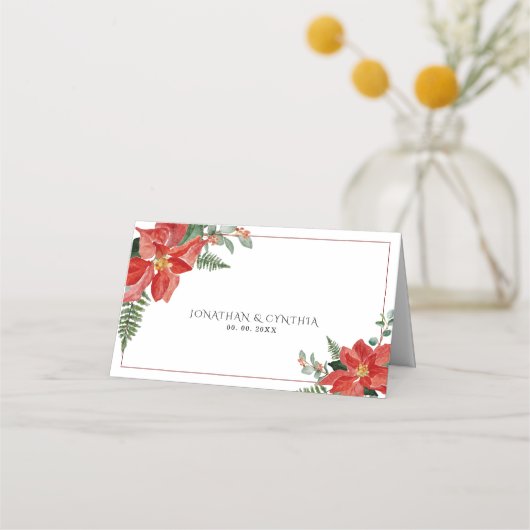 Rustic Winter Poinsettia Red Christmas Wedding Platzkarte (Vorderseite)