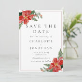 Rustic Winter Poinsettia Red Christmas Wedding Save The Date (Stehend Vorderseite)