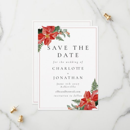 Rustic Winter Poinsettia Red Christmas Wedding Save The Date (Vorderseite/Rückseite Beispiel)