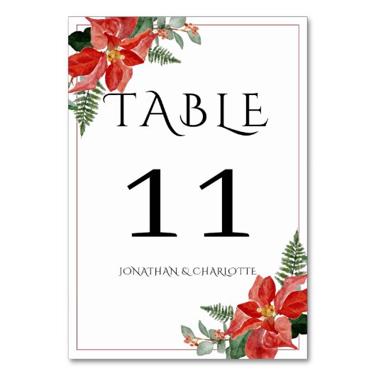 Rustic Winter Poinsettia Red Christmas Wedding Tischnummer (Rückseite)