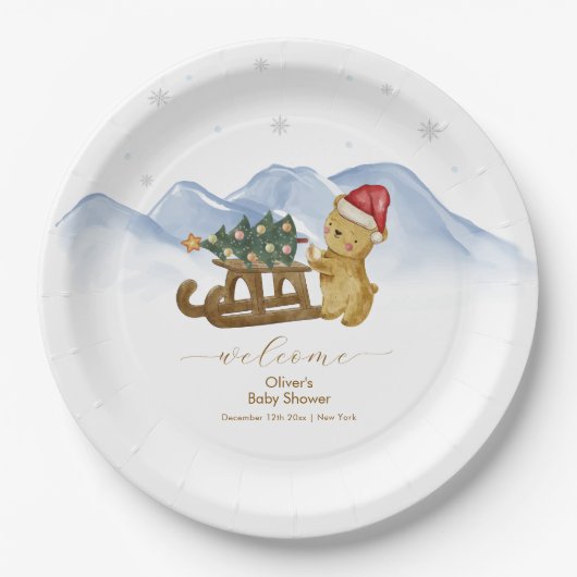 Rustic Winter Sleigh Bear Baby Shower Welcome Pappteller (Vorderseite)