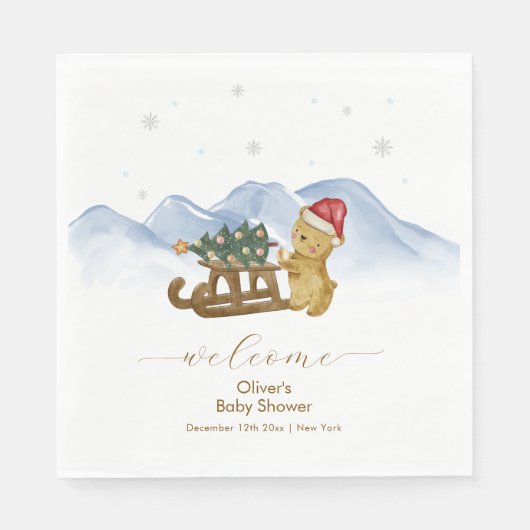 Rustic Winter Sleigh Bear Baby Shower Welcome Serviette (Vorderseite)
