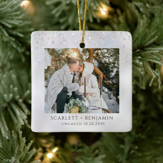 Rustic Winter Snow Engagement Photo Keramikornament (Baum)