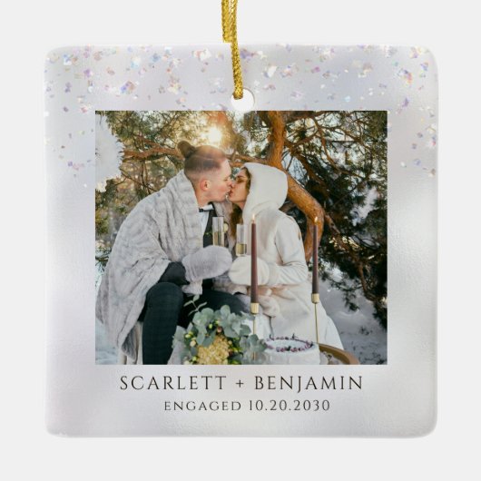 Rustic Winter Snow Engagement Photo Keramikornament (Vorderseite)