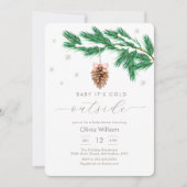 Rustic Winter Snowflake Pine cone Baby Shower Einladung (Vorderseite)