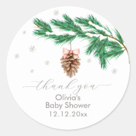 Rustic Winter Snowflake Pine cone Baby Shower  Runder Aufkleber