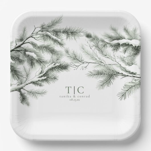 Rustic Winter Wedding Boughs Forest Green ID1049 Pappteller (Vorderseite)