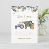 Rustic Winter X'mas Tree Tractor Bear Baby Shower  Dankeskarte (Stehend Vorderseite)