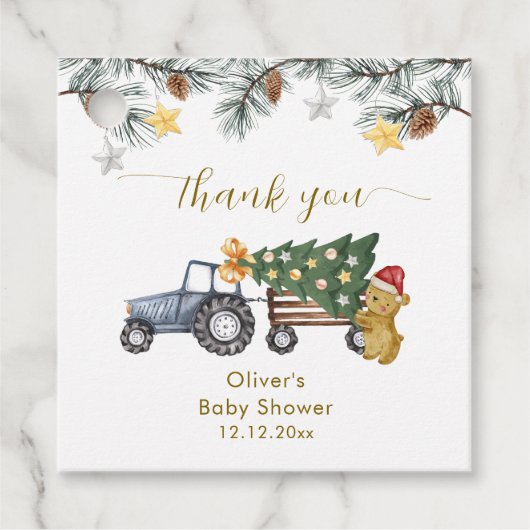 Rustic Winter X'mas Tree Tractor Bear Baby Shower Geschenkanhänger (Vorderseite)