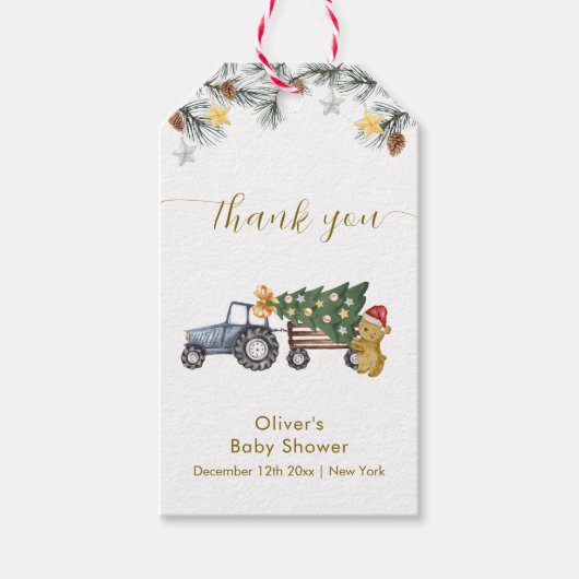 Rustic Winter X'mas Tree Tractor Bear Baby Shower Geschenkanhänger (Vorderseite)