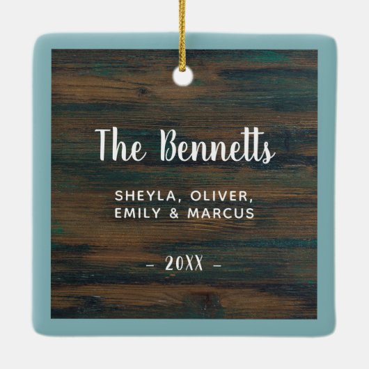 Rustic Woliday Script Custom Family Foto Keramikornament (Rückseite)