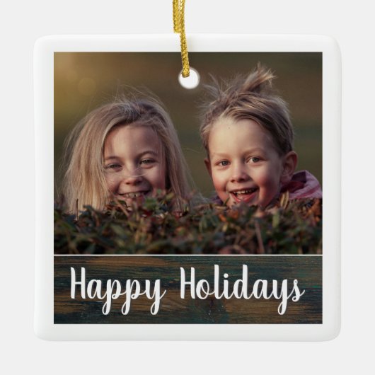 Rustic Woliday Script Custom Family Foto Keramikornament (Vorderseite)