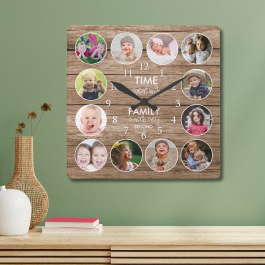 Rustic Wood 12 Photo Round Template Family Quote Quadratische Wanduhr