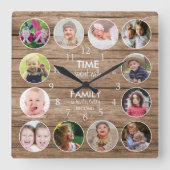 Rustic Wood 12 Photo Round Template Family Quote Quadratische Wanduhr (Vorderseite)